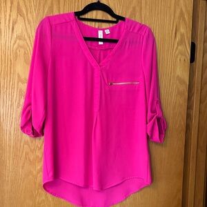 Tacera Bright Pink V-Neck Blouse with Zip Pocket
